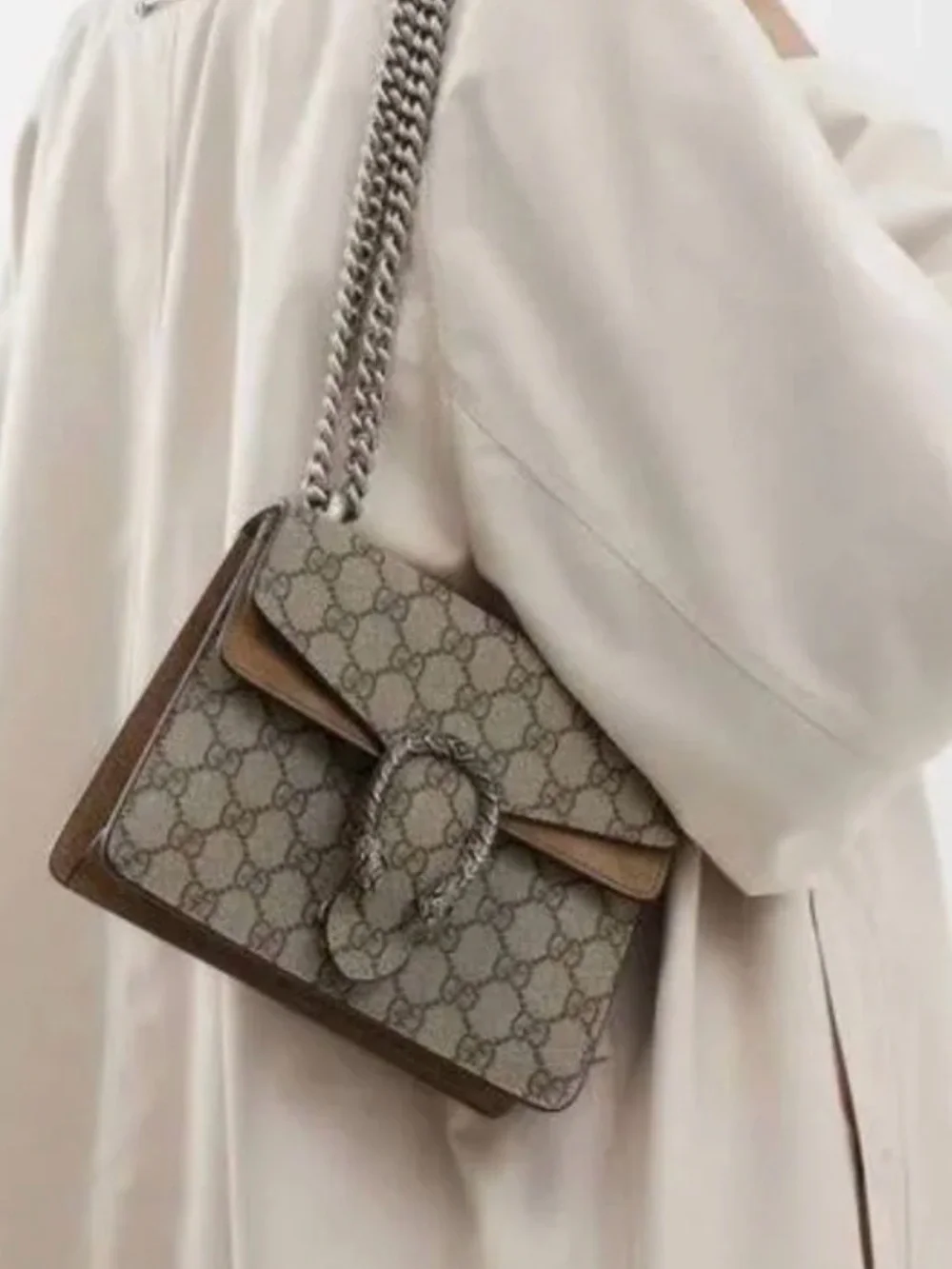 Gucci GG Supreme Small Shoulder Bag in Brown and Tan with Silver Hardware